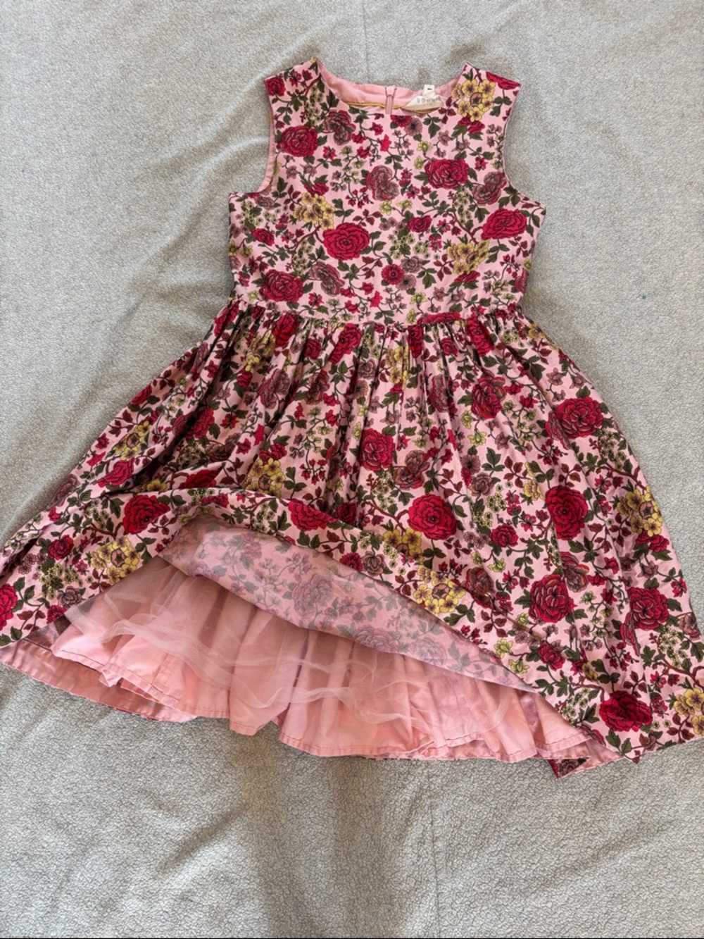 Mini Boden Pink Floral Party Dress with Red Roses